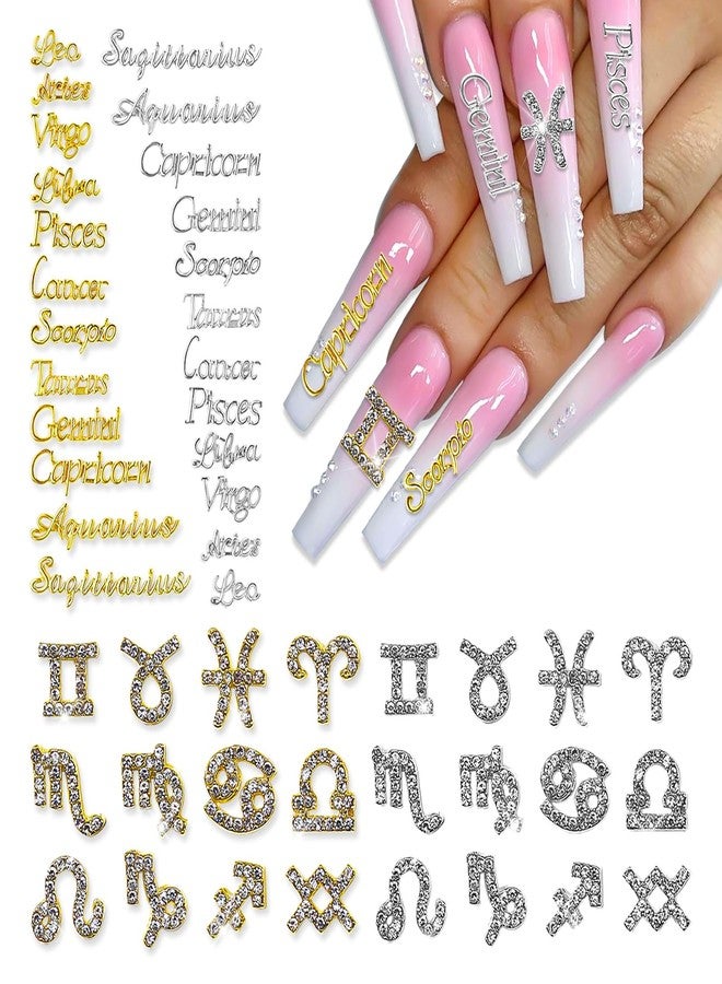JERCLITY 48 Pieces Gold Silver Alloy Zodiac Nail Charms Zodiac Signs Nail Studs Constellation Words Charms for Nails Twelve Constellation Set for Women Girls - Image 1